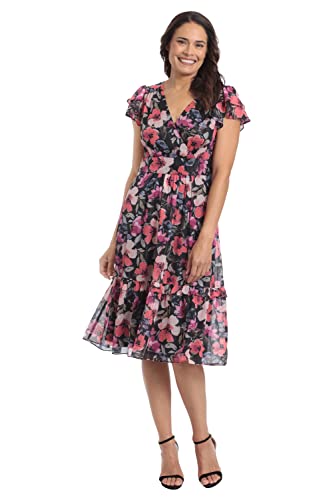 London Times Women's Double Flutter Sleeve Surplice Tiered Midi, Black/Rose