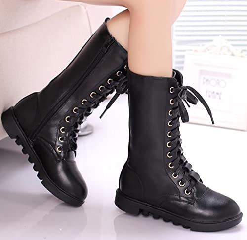 DADAWEN Kid's Girls Leather Lace-Up Zipper Mid Calf Combat Riding Winter Boots (Toddler/Little Kid/Big Kid) White US Size 13 M Little Kid