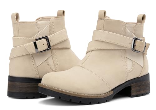 Jeossy Women's 9007A Ankle Casual Chelsea Boots, Fashion Low Heel Booties, Beige, Size 6M US-with Size Zip(DJY9007A Beige 06)
