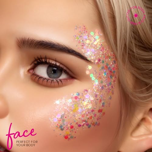 Teenitor Glitter, Rave Festival Chunky and Fine Glitter Mix,32 Colors Iridescent Loose Glitter, Cosmetic Makeup Face Body Hair Glitter