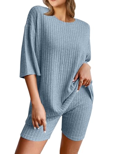 NORACORA Womens Sleepwear Pjs Summer Short Pajamas Pajama Lounge Sets 2 Piece Ribbed Tracksuit Sweat Suit Set Red