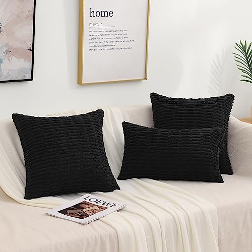 decorUhome Black Decorative Throw Pillow Covers 16x16 Set of 2, Soft Corduroy Striped Square Pillow Covers for Couch Living Room Bed Sofa