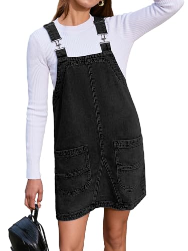 BerryGo Women's Denim Overall Dress Jean Sleeveless Romper 2024 Mini Pinafore Dress Shorts Jumper Dress With Pocket Black S