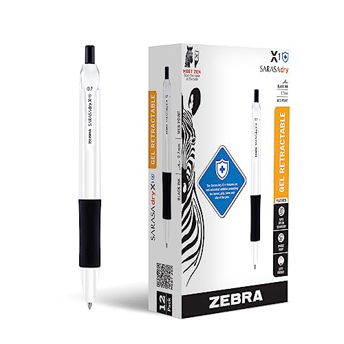 Zebra Pen Sarasa Dry X1+ Retractable Gel Pen, Plastic Barrel, Medium Point, 0.7mm, Black Ink, 12-Pack