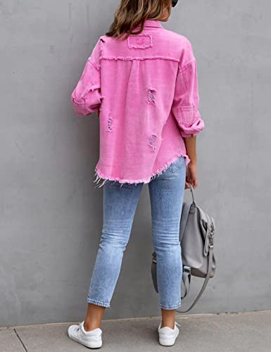 Omoone Women's Ripped Distressed Denim Jacket Casual Long Sleeve Boyfriend Jean Coat Basic Trucker Jackets (3536-Red-S)