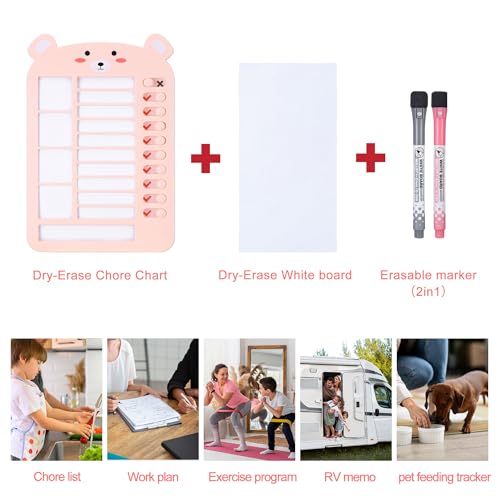 Mornajina 5.7 x 8.5 Inch Bear Chore Chart for Kids Portable, Reusable Dry Erase Checklist Board to Do List with 2 Markers, Kids Chores Chart for Home Travel Routine Planning (Pink)