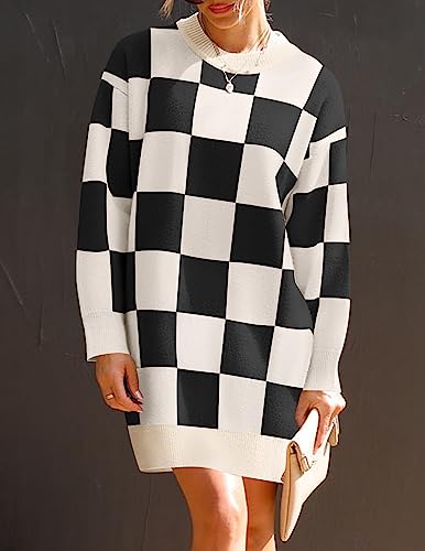 ZESICA Women's Casual Long Sleeve Tunic Sweater Dress Crew Neck Plaid Knit Oversized Pullover Jumper Tops,Taupe,Small