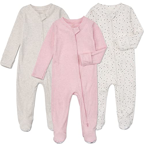 Aablexema Baby Footie Pajamas with Mittens - 3Pcs Infant Footed Sleeper Cotton Sleepwear Outfits(Grey Khaki/Dot/Pink, 6-9M)
