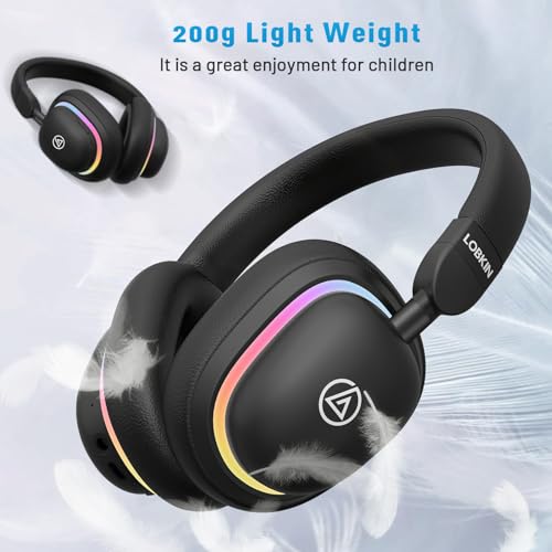 LOBKIN Bluetooth 5.3 Kids Headphones with Case - RGB LED Light Up Cat Ears Foldable Adjustable Over Ear Headphone Support Wireless or 3.5mm Wired Mode for Toddler & Girls & Boys Teens