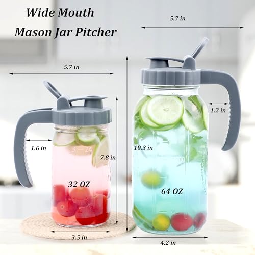 Mason Jar Pitcher 32 OZ Glass Pitcher With Pour Spout Lids Airtight Leak Proof 1 Quart Wide Mouth Water Pitcher With Handle And Flip Cap For Iced Tea, Milk, Sun Tea, Lemonade,Juice, Iced Coffee