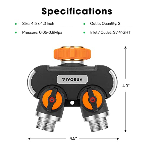 VIVOSUN Garden Hose Splitter 2 Way Heavy Duty, Upgraded Highly Durable Dual Water Hose Connector, Faucet Adapter with Comfortable Rubberized Grip for Drip Irrigation, Lawns