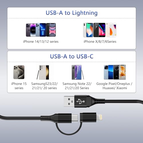 USB to USB-C and Lightning Cable 2 in 1 Support Apple Carplay & Android Auto [MFi Certified] 3A Fast Charge & Data Sync,Short Coiled Lightning and USB C Cable for iPhone 16/15/14/13/12/Android-Black