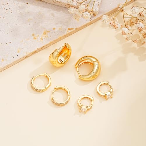 Gold Hoop Earrings Set for Women, Small Cubic Zirconia Gold Earrings Sets for Multiple Piercing, Hypoallergenic Chunky Gold Earrings for Women Jewelry