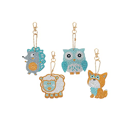 4 Pcs/Set 5D Full Drill Rhinestone Mosaic Making Kit Diamond Painting Keychain for DIY Craft Key Ring Bag Decor (Animal)