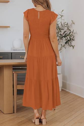 ZESICA Women's 2024 Summer Casual Flutter Short Sleeve Crew Neck Smocked Elastic Waist Tiered Midi Dress,Light Khaki,X-Small