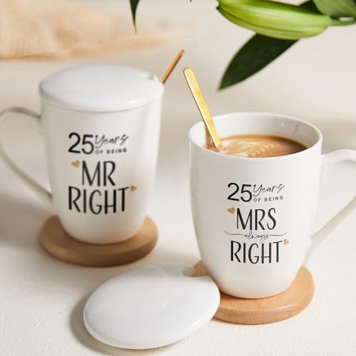 AW BRIDAL 25th Wedding Anniversary Mr and Mrs Gifts Set Novelty Coffee Mugs Set of 2, 12 OZ| Anniversary 25th Gifts for Parents, His and Hers Gifts, Ceramic Couple Gifts for Wife and Husband