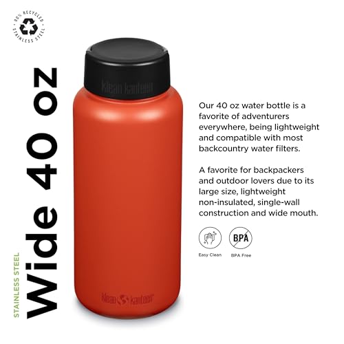 Klean Kanteen Wide Water Bottle with Loop Cap – Reusable Stainless Steel Water Bottle for Men and Women – 40 oz, Brushed Stainless