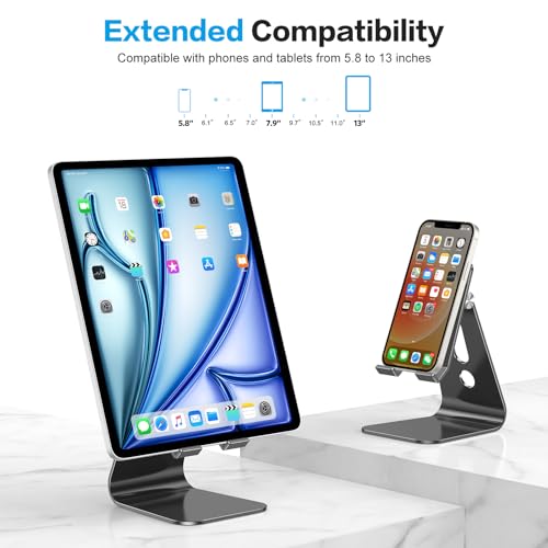 OMOTON Adjustable Tablet Stand for Desk, Upgraded Longer Arms for Greater Stability, T2 Tablet Holder with Hollow Design for Bigger Sized Phones and Tablets Such as iPad Pro/Air/Mini, Black