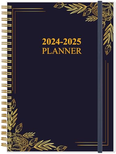 2024-2025 Planner - A5 To Do List Planner from July 2024 - June 2025, 6.4" x 8.5" with Flexible Cover, Tabs, Inner Pocket, Black Flowers