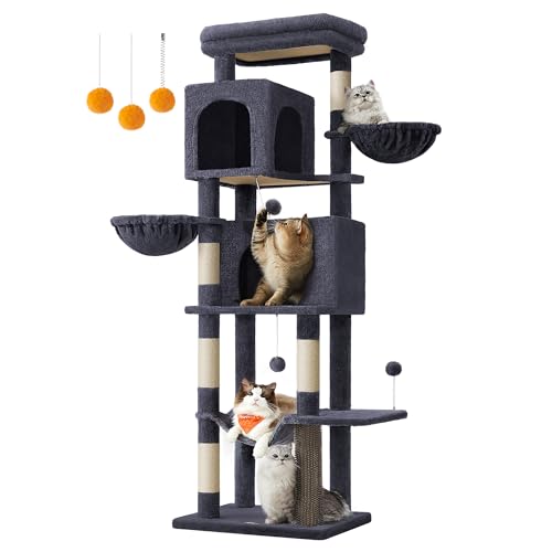 Feandrea Cat Tree, 69-Inch Tall Cat Tower for Indoor Cats, Multi-Level Cat Condo with 2 Caves, 2 Baskets, 5 Scratching Posts, Self-Groomer, Perch, Hammock, Dark Gray UPCT182G02