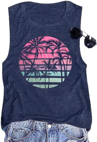 Hawaiian Palm Tree Tank Tops for Women Summer Vacation Beach Shirts Casual Sleeveless Tops Dark Blue,S