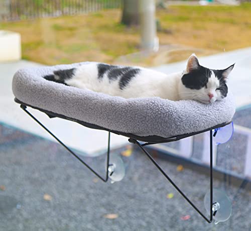 Zakkart Cat Window Perch - 100% Metal Supported from Below - Comes with Warm Spacious Pet Bed - Cat Window Hammock for Large Cats & Kittens - for Sunbathing, Napping & Overlooking (White)