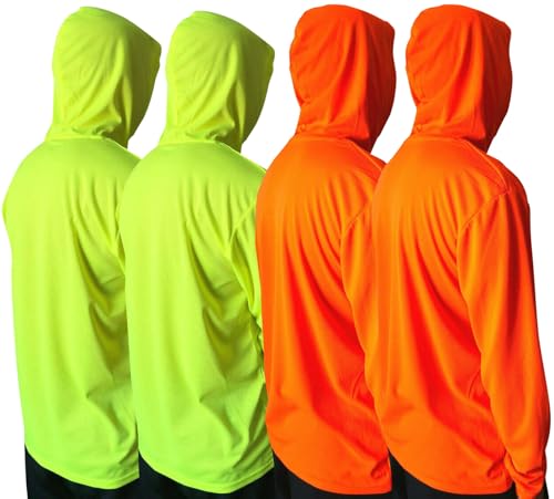 Men UPF 50+ Sun Protection Breathable T Shirt Long Sleeve Workout T-Shirts with Hood (4Pcs Mix (2 Neon Yellow/2 Neon Orange), S)
