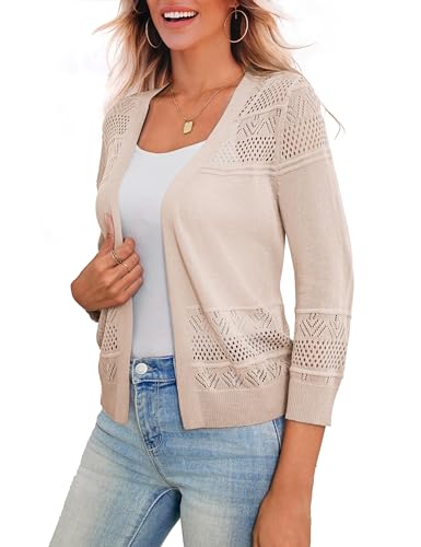 LIENRIDY Women's Open Front Knit Cropped Bolero Shrug Cardigan Sweater 3/4 Sleeve, Apricot, S