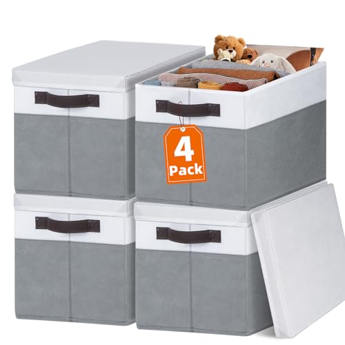 Large Storage Baskets Bins with Lids 4 Pack, Criusia Storage Baskets for Organizing Shelves Nursery Bedroom, Home Closet Organizers Cubes for Clothes Toys Blanket - Stackable & Sturdy -14x10x9.5