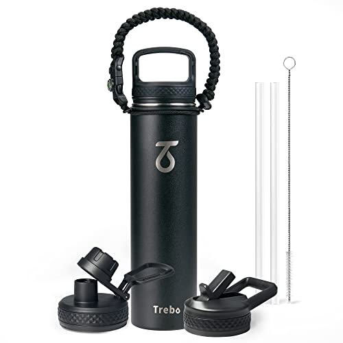 Trebo 24 oz Water Bottle Insulated with Lid and Straw,Double Wall Vacuum Stainless Steel Metal Tumbler Sports Flask with Paracord Handle, Keep Hot 24 Hours & Cold 48 Hours Water Cup with 3 Lids, Black