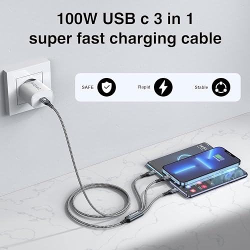 100W USB C Multi Charging Cable [0.5M] 3 in 1 Charging Cable with E-Mark Chip, USB C [100W]+Lightning[27W]+Micro[10W] for Galaxy S23,iPad Pro, iPad Mini, MacBook Pro/Air/iPhone14 13 12 12