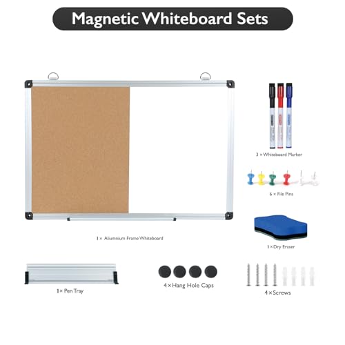 DumanAsen Combination Whiteboard & Cork Board Bulletin Board, 16 x 24 inches Magnetic Whiteboard and pin Boards for Wall, Includes Markers, Eraser, Pen Tray, 6 Pushpin (Combination A)