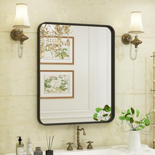 CHARMOR 44x36 Inch Black Metal Framed Bathrrom Mirror for Wall, Black Rounded Rectangle Mirror, Matte Black Bathroom Vanity Mirror, Anti-Rust, Tempered Glass, Hangs Horizontally or Vertically