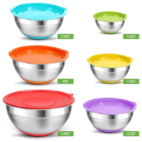 Eallpha Mixing Bowls with Lids Set Airtight, 6 Piece Stainless Steel Nesting Bowls with 4 Grater Attachments, Non Slip Bottoms Kitchen Cooking and Serving Food, Size 5.5, 4, 2.5, 2.1, 1.5, 1.2 QT