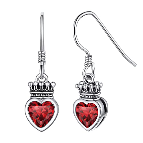 ChicSilver 925 Sterling Silver Crown Birthstone Drop Earrings for Women Created Red Garnet Heart Dangle Earrings Christmas Valentine's Day Birthday Gift