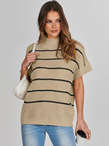 ANRABESS Womens Oversized Short Batwing Sleeve Sweater Mock Neck Casual 2024 Summer Fall Knit Sleeveless Pullover Vest Tops White Black Stripe Large