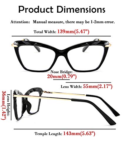 FEISEDY Crystal Cat Eye Reading Glasses Blue Light Blocking Reader Anti Eyestrain Glasses B2596 Black 1.00x