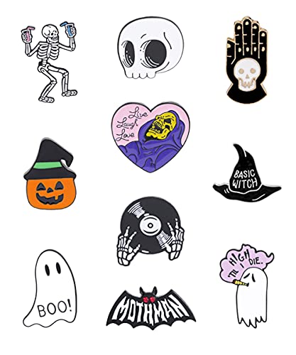 10 Pcs Halloween Goth Enamel Pin Set Pumpkin Skull Witch Brooch Pin Black Skeleton Punk Witchy Jewelry for Backpacks Hat Pant Accessories