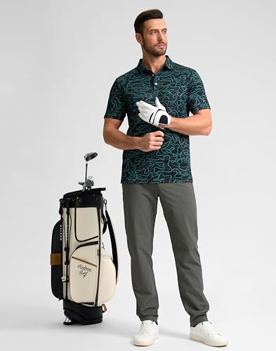 Obla Mens Golf Polo Shirts Short Sleeve Dry Fit Performance Moisture Wicking Casual Print Collared Golf Shirts for Men(White Pink Geometry_M)