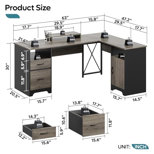 Bestier L Shaped Desk with File Drawers, 63" x 47" Office Computer Desk with Storage Cabinet, Corner Desk with Monitor Stand & Modesty Panel for Home Office, Cherry