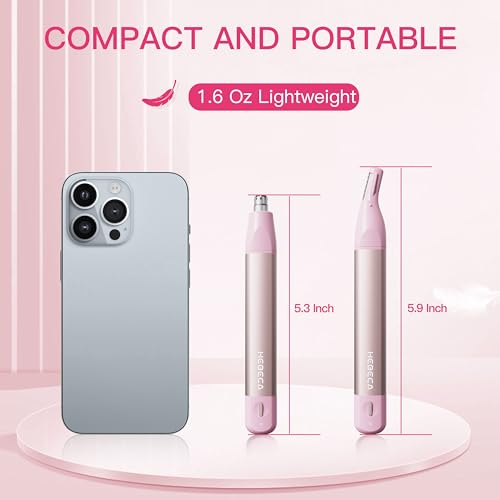 HEBECA Nose Hair Trimmer for Women 2in1 Facial Hair Removal Trimmer - Metal Body, Rechargeable, Waterproof, Portable - Nose, Ear, Eyebrow, Peach-Fuzz, Lips, Chin FT2001