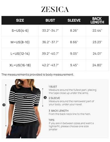 ZESICA Women's Casual Striped Tops Short Sleeve Crew Neck Ribbed Knit T Shirts Comfy Loose Basic Pullover Sweater,Black,Small