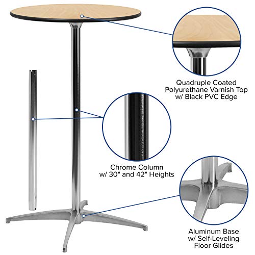 Flash Furniture 30'' Round Wood Cocktail Tables with 30'' and 42'' Columns, Adjustable Wood Bar Height Tables for Events or Home Use, Set of 4, Natural