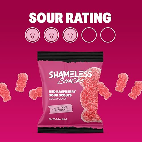 Shameless Snacks - Healthy Low Calorie Snacks, Low Carb Keto Gummies (Gluten Free Candy) - 6 Pack Red Raspberry Sour Scouts