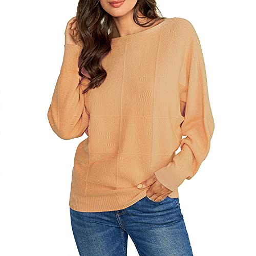 Ckikiou Women Cute Spring Fall Boatneck Batwing Soft Knitted Sweater for Women Casual Loose Long Sleeve Ribbed Pullover Top