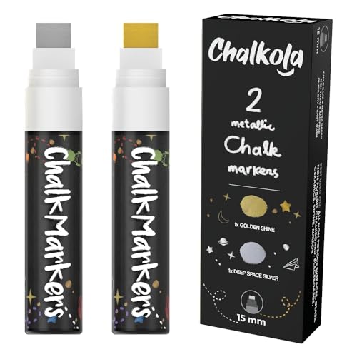 Metallic Chalk Markers (2 Pack) Liquid Chalk Pens for Blackboards, Chalkboard, Bistro Menu, Window Markers for Cars - Wet Wipe Erasable - 15mm Jumbo Nib