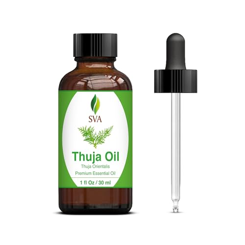 SVA Thuja Essential Oil – 1 Fl Oz – 100% Natural Thuja Oil - for Diffuser, Hair Care, Face, Skin Care, Aromatherapy, Scalp and Body Massage, Soap and Candle Making - with Dropper
