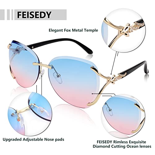 FEISEDY Classic Rimless Sunglasses Women Metal Frame Diamond Cutting Lens Ladies Large Fox Shades B4110