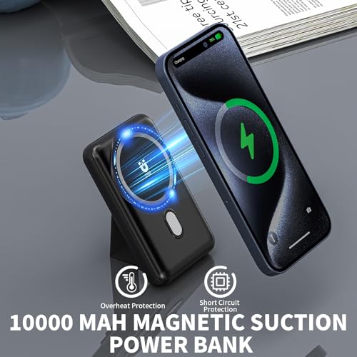 Magnetic Power Bank 10000mAh, Wireless Portable Charger with Stand, 15W Fast Charging Magnetic Battery Pack w/USB-C, Compatible with Magsafe iPhone 15/15 Plus/15 Pro/15 Pro Max, iPhone 14/13/12 Series