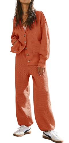 ETCYY NEW Women's 2 Piece Outfit Lounge Set Trendy Cardigan Sweater Pants Sets V Neck Button Pocket Knit Matching Loungewear (Striped Beige, M)